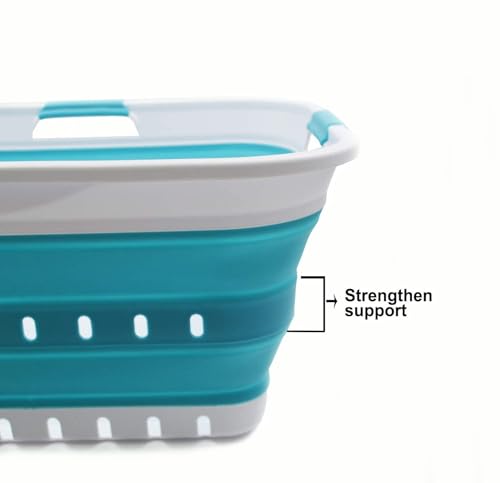 SAMMART 42L Collapsible Plastic Laundry Basket - Foldable Pop Up Storage Container/Organizer - Space Saving Hamper/Basket (1, White/Bright Blue) - color: White/Bright Blue