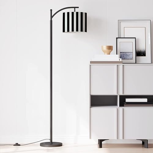 Modern Arc Floor Lamp with Dimmer Mid Century Striped Black White Metal Standing Lamp with Linen Shade Footswitch for Living Room Bedroom Office