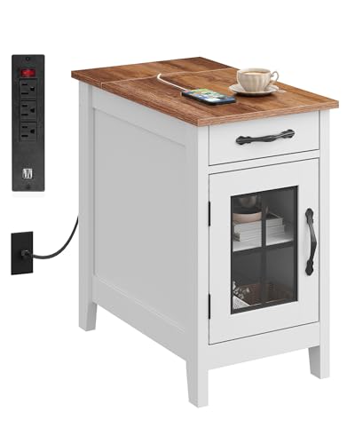 WLIVE End Table with Charging Station, Narrow Side Table for Living Room, Farmhouse Night Stand with Storage, Small Wooden Cabinet Nightstand with USB Ports and Outlets, 23.62" D x 13.78" W x 23.62" H - color: White