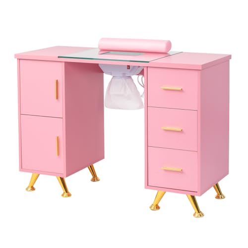 OmySalon Manicure Table Nail Desk for Nail Tech w/Glass Top & Wrist Rest, Beauty Salon Nail Supplies Decor Workstation Acetone Resistant w/2 Side Cabinet+3 Drawers, Pink - color: Pink