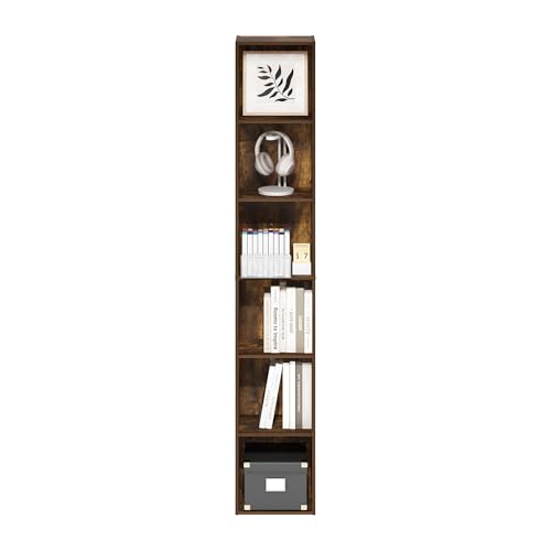 Furinno LUDER Book Shelf, 6-Tier Tall Modern Bookshelf, Bookcase with Open Shelves, 9.3 x 12 x 71, for Living Room, Bedroom, Home Office, Amber Pine - color: Amber Pine, size: 6-Tier, 12.1-Inch Width