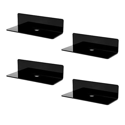4 PCS Small Acrylic Floating Wall Shelves,9 Inch Adhesive Display Shelf for Nintendo Switch/Smart Speaker/Security Cameras/Action Figures,No Damage Expand Wall Space,Black - color: Black With Adhesive Tape