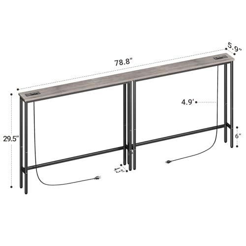 ELYKEN 78.8'' Narrow Console Table with Outlet, Sofa Table Behind Couch | Skinny Entryway Tables with Charging Station for Living Room, Hallway, 5.9 x 78.8 x 29.5in, Gray - color: Grey, size: 5.9"DX78.8"WX29.5"H