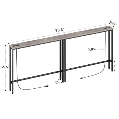ELYKEN 78.8'' Narrow Console Table with Outlet, Sofa Table Behind Couch | Skinny Entryway Tables with Charging Station for Living Room, Hallway, 5.9 x 78.8 x 29.5in, Gray - color: Grey, size: 5.9"DX78.8"WX29.5"H