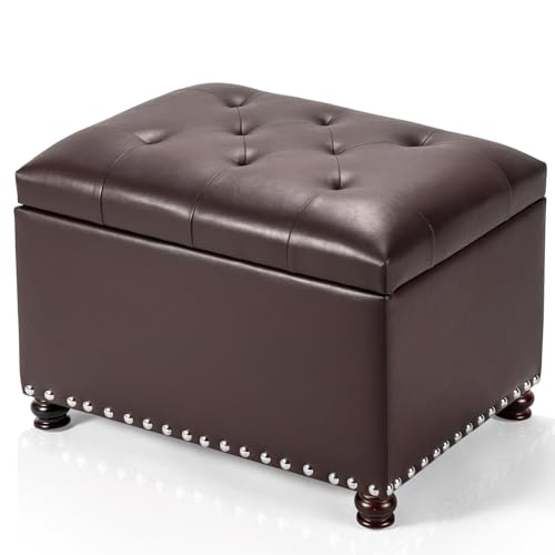 Adeco Bonded Leather Square Tufted Storage Footstool, 18" ottoman, Dark Brown - color: Dark Brown