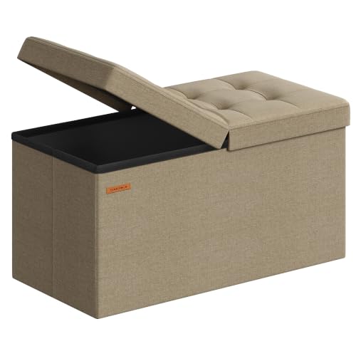 SONGMICS Mazie Collection - 30 Inches Storage Ottoman, Foldable Storage Bench with Flipping Lid, 660 lb Load Capacity, for Entryway, Living Room, Bedroom, Camel Brown ULSF046K01 - color: Camel Brown, size: 15"D x 30"W x 15"H, style: Modern