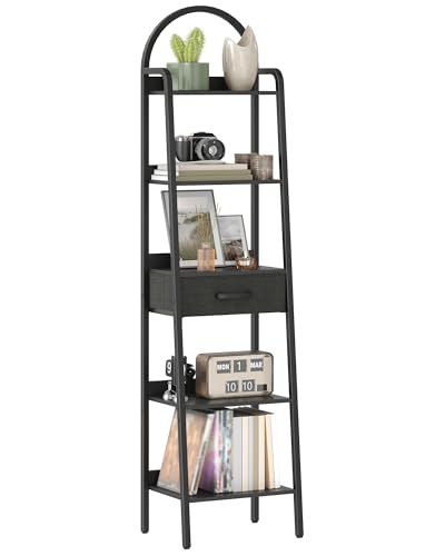 5 Tier Ladder Shelf with Drawer, Tall Ladder Bookshelf, Standing Bookcase with Metal Frame for Living Room, Bathroom, Home Office, Study, Balcony, Black TCJ07BB - color: Black