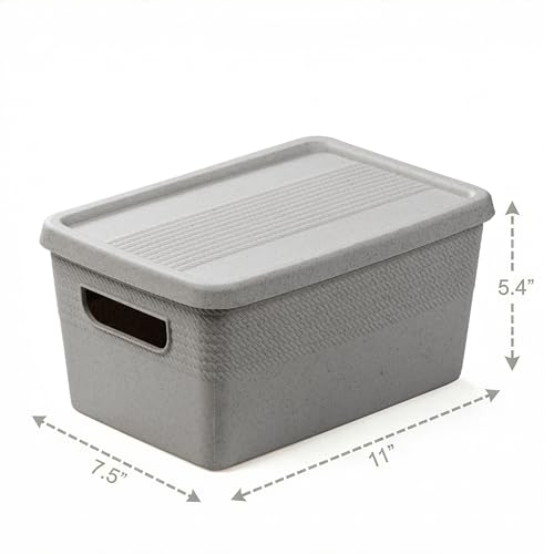 BINO | Plastic Storage Bins with Lids, 5 Liter - 3 Pack, Natural Grey | THE BRAIDED COLLECTION | Plastic Bins for Organization Woven Storage Baskets for Organizing Pantry Shelf Organizer Basket Bin - color: Natural Grey, size: 5L | 3-Pack