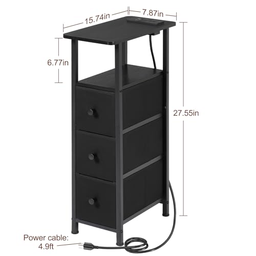 Narrow End Table with Charging Station, Small Nightstand | Skinny Side Tables Living Room with 3 Fabric Drawers, Bedside Table with LED Lights for Bedroom, Small Spaces, Black - color: Black, size: 27.55''H (3 Drawers), style: Power + Light