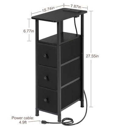 Narrow End Table with Charging Station, Small Nightstand | Skinny Side Tables Living Room with 3 Fabric Drawers, Bedside Table with LED Lights for Bedroom, Small Spaces, Black - color: Black, size: 27.55''H (3 Drawers), style: Power + Light