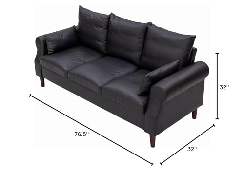 Panana 3 Seater Sofas Rolled Arms Design Couch Solid Wood Legs Settee for Living Room (Black Leathaire, 3 Seater) - color: Black Leather Look Fabric, size: 3 seater