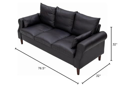 Panana 3 Seater Sofas Rolled Arms Design Couch Solid Wood Legs Settee for Living Room (Black Leathaire, 3 Seater) - color: Black Leather Look Fabric, size: 3 seater