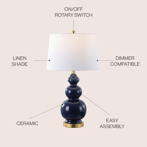 JONATHAN Y Bowen 27.5" Ceramic Triple Gourd Table Lamp, Navy/Brass Gold | Contemporary, White Linen Drum Shade, Modern Transitional Style, Metal Base, LED Bulb Included - color: Navy