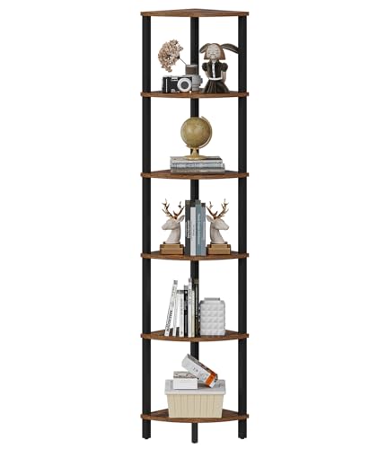 VIMBER Corner Shelf, 6-Tier Corner Bookshelf, Industrial Corner Ladder Shelf, DIY Storage Shelves, Rustic Display Shelf for Living Room, Bedroom, Kitchen, Home Office, Rustic Brown and Black UJSJ004F - color: Rustic Brown and Black, size: 6-Tier without L