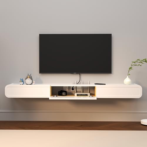 Floating TV Stand in Solid Wood, 71'' High Gloss Wall Mounted TV Cabinet, Floating TV Shelves with Door & Drawers, Modern Entertainment Media Console Center Large Storage Under TV - size: 70.86''