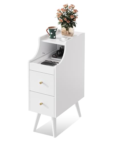 WLIVE Small Nightstand with Drawers, Narrow Bedside Tables with Open Shelf & Cable Hole, Narrow Nightstand for Bedroom, Modern Storage Cabinet for Small Spaces/Living Room, White - color: White