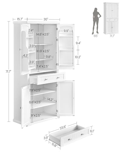 VASAGLE Pantry Cabinet, Freestanding Tall Cupboard with a Drawer | Freestanding cupboard with 2 cabinets, 4 adjustable shelves, 6 door shelves, White, UBBC561P31V2 - color: White, style: Modern