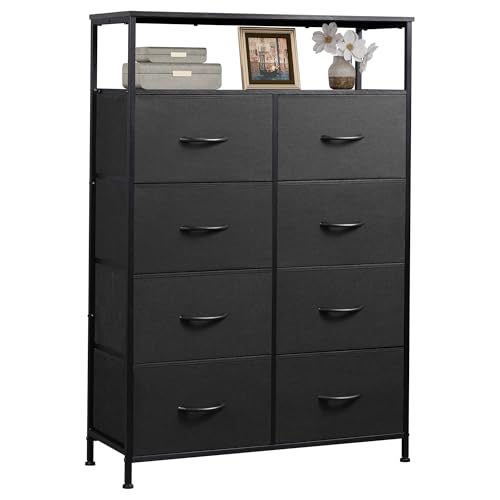 WLIVE 8 Drawer Black Fabric Dresser Open Shelves, Tall Storage Tower | Black fabric drawers plus open shelves, steel frame with wood top, great for bedroom closet entryway and dorm storage - color: Charcoal Black, style: Raised Shelves
