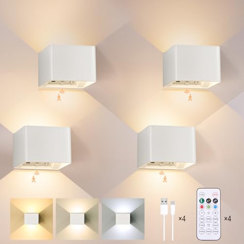 Rechargeable Motion Sensor Wall Sconces, Wireless Battery Powered Wall Lamp | Touch&Remote Control, Dimmable & 3Colors, 6000mAh, 4 Pack Magnetic Wall Lamps for Indoor Bedroom Hallway Stair, White - color: White, size: 4-Pack