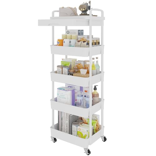 Calmootey 5-Tier Rolling Utility Cart with Drawer,Multifunctional Storage Organizer with Plastic Shelf & Metal Wheels,Storage Cart for Kitchen,Bathroom,Living Room,Office,White | Space-Saving Organizer, Sturdy Plastic Shelves, Smooth-Rolling Metal Wheels,