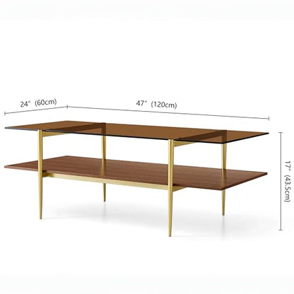 LumFurn X-Large L47in Rectangle Glass Coffee Table, Mid-Century Modern Design for Living Room, L47xW24xH17inch, Amber Glass and Walnut MDF Wood Shelf, Conical Legs with Gold Finish - color: L47" Amber & Walnut