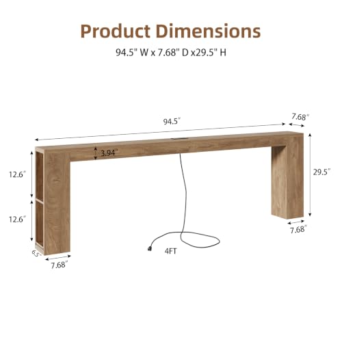 94.5-Inch Extra Long Console Table, Narrow Sofa Behind Couch Table | Farmhouse Wood Entryway Table with USB Outlet & Storage, Sofa Table with Charging Station for Hallway Foyer Living Room, Oak - color: Natural Oak