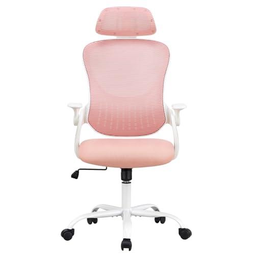 Pink Ergonomic Office Chair, High Back Mesh Desk Chair with Adjustable Headrest Lumbar Support, Computer Chairs with Flip-up Armrests and Thickened Cushion for Adults Home Office, 360° Swivel - color: Pink With Headrest