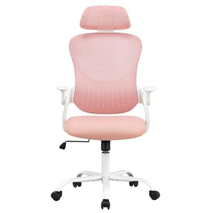Pink Ergonomic Office Chair, High Back Mesh Desk Chair with Adjustable Headrest Lumbar Support, Computer Chairs with Flip-up Armrests and Thickened Cushion for Adults Home Office, 360° Swivel - color: Pink With Headrest