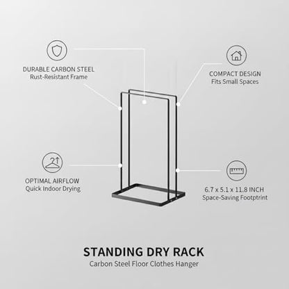 Compact Carbon Steel Standing Dry Rack for Small Spaces - Indoor Floor Clothes Hanger for Apartments & Dorms, Black