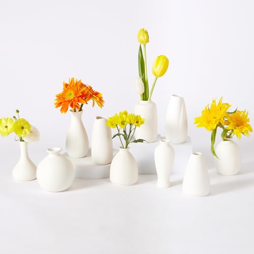 10pc Ceramic Bud Vases Set - White Small Flower Ceramic Vases | 2-3 Inch Mini Vases Boho & Modern Ceramic Vase Set for Table Décor, Wedding, Cute Vase Home Decor