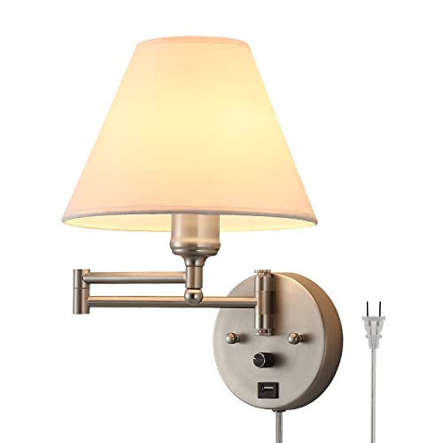 Swing Arm Wall Sconces, Plug-in Wall lamp,Bedroom Wall lamp ， White Fabric Shade，，with dimmable Switch and USB Charging Port, Suitable for Bedside, Living Room, Reading (Nickel) - color: Nickel