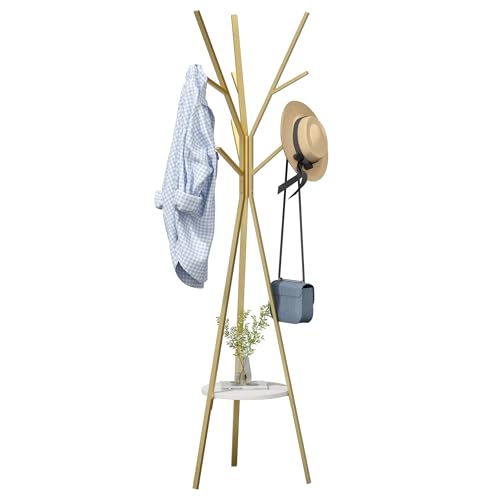 HOME BI Coat Rack Hat Stand Free Standing Display Hall Tree Metal Hat Hanger Garment Storage Holder with 9 Hooks for Clothes Hats and Scarves in Gold,17.72" Wx17.72 Dx70.87 - color: Gold