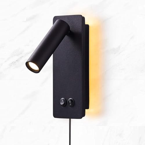 LED Reading Wall Lights for Bedroom, Backlight Night Wall Lamp, Plug in Cord Adjustable Wall Sconces, Book Reading Lamps, Backlight 3W+12W 3000k Warm Wall Light (Black) - color: Black, size: 1 Pack