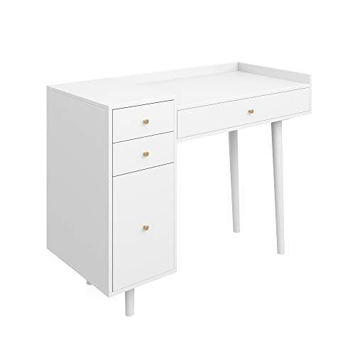 Nathan James Daisy Vanity Dressing Table or Makeup Desk with 4-Drawers and Brass Accent Knobs, White Wood - color: White