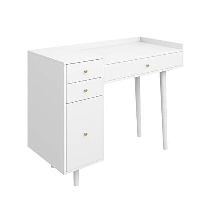 Nathan James Daisy Vanity Dressing Table or Makeup Desk with 4-Drawers and Brass Accent Knobs, White Wood - color: White