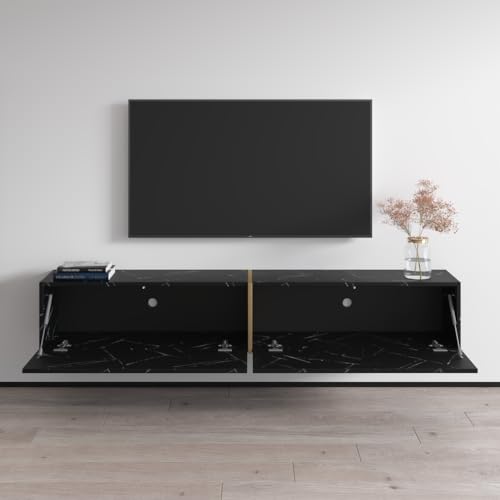 Meble Furniture Marmur Floating TV Stand with Storage Cabinets — Modern Wall-Mounted Media Console — Fits TVs up to 80", 59.1" W x 15.7" D x 15.7" H — Black