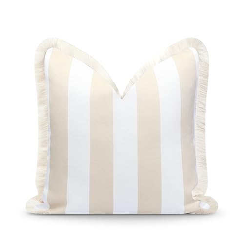 Hofdeco Premium Fall Coastal Patio Indoor Outdoor Pillow Cover Only, 20"x20" Water Repellent for Backyard, Couch, Neutral Tan Stripe Fringe - color: Neutral Tan Stripe 20"x20"