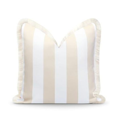 Hofdeco Premium Fall Coastal Patio Indoor Outdoor Pillow Cover Only, 20"x20" Water Repellent for Backyard, Couch, Neutral Tan Stripe Fringe - color: Neutral Tan Stripe 20"x20"