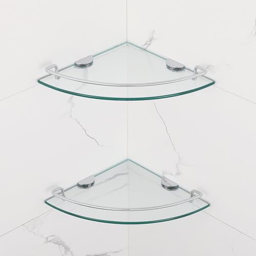 2 Ties Glass Corner Shelf with SUS 304 Stainless Steel Rail Chrome Finished, Esquinero para baños, Rustproof Tempered Glass Shelf, Shower Caddy Organizer 9.8" x 9.8" - size: 2 PACK With Rail