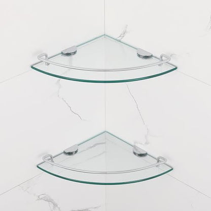 2 Ties Glass Corner Shelf with SUS 304 Stainless Steel Rail Chrome Finished, Esquinero para baños, Rustproof Tempered Glass Shelf, Shower Caddy Organizer 9.8" x 9.8" - size: 2 PACK With Rail