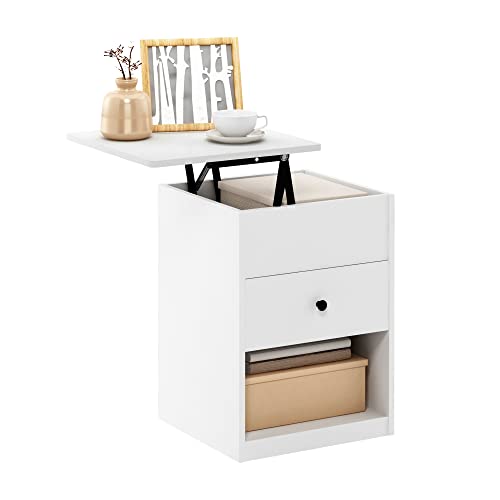 Furinno Jensen Lift Top Nightstand, Solid White | Storage Shelf, Knob Handle Drawer, Bedside Table, End Table, Side Table, for Bedroom, Closet, Dorm - color: Solid White, style: 1-Pack Lift Top