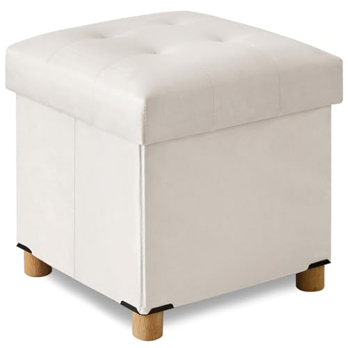 BRIAN & DANY 15" Small Ottoman with Storage Cube, Square Storage Ottoman Foot Stool with Wood Legs, Velvet Ottomans for Living Room, Bedroom, Dorm, White - color: White, size: 15"D x 15"W x 15.8"H