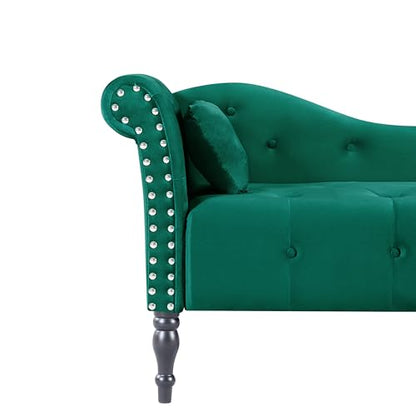 60" Modern Velvet Chaise Lounge Indoor,Upholstered Lounge Chair with Left Armrest and Lumbar Pillow, Button Tufted Lounge Sofa for Living Room Bedroom Office,Mini Chaise Longue Sofa (Green) - color: Green