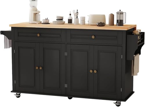 67 Kitchen Island Cart with Drop Leaf Breakfast Bar, Rolling Mobile Kitchen Island Table on Wheels with Storage Cabinet, Drawer, Spice/Towel Rack, Black - size: 67 Inch