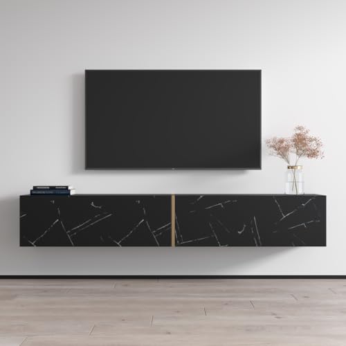 Meble Furniture Marmur Floating TV Stand with Storage Cabinets — Modern Wall-Mounted Media Console — Fits TVs up to 80", 59.1" W x 15.7" D x 15.7" H — Black