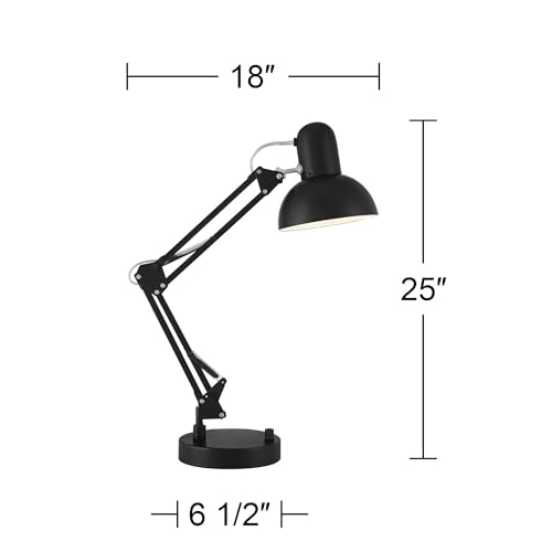 Wyatt 25" High Architect Desk Lamp USB Black Finish Adjustable Height | USB Ports A+C Charging Modern Metal Home Office Living Room Bedroom Bedside Nightstand House Lighting
