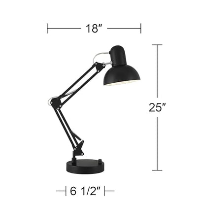 Wyatt 25" High Architect Desk Lamp USB Black Finish Adjustable Height | USB Ports A+C Charging Modern Metal Home Office Living Room Bedroom Bedside Nightstand House Lighting