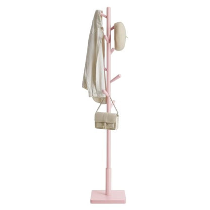 VASAGLE Solid Wood Coat Rack, Free Standing Hall Coat Tree with 8 Hooks, 3 Height Options, for Coats, Hats, Bags, Purses, for Entryway, Hallway, Rubberwood Hooks and Pole, Jelly Pink URCR010R01 - color: Jelly Pink, style: Square Base + Cylindrical Hooks