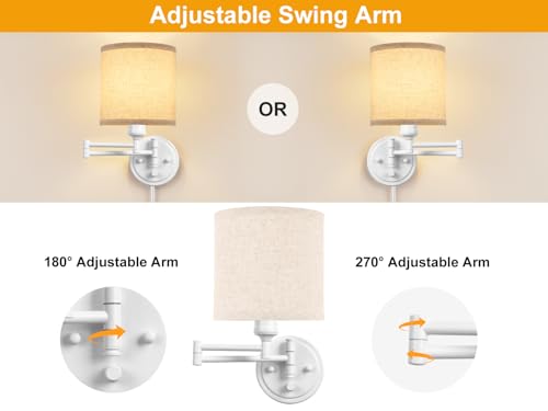 GOODATE Plug in Wall Sconces with Remote Control, Dimming, Adjustable Colors 2700K-6500K, Hardwire or Plug-in, Swing Arm Wall Lamp with Linen Fabric Shade, Wall Sconces Set of Two, White Finish - color: White & Linen
