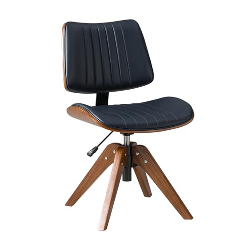 HULALA HOME Faux Leather Home Office Desk Chair No Wheels, Navy | Mid-Century Modern Desk Chair with Wood Legs, 360° Swivel Computer Task Chair with Channel-Tufted Backrest, Height Adjustable - color: Navy